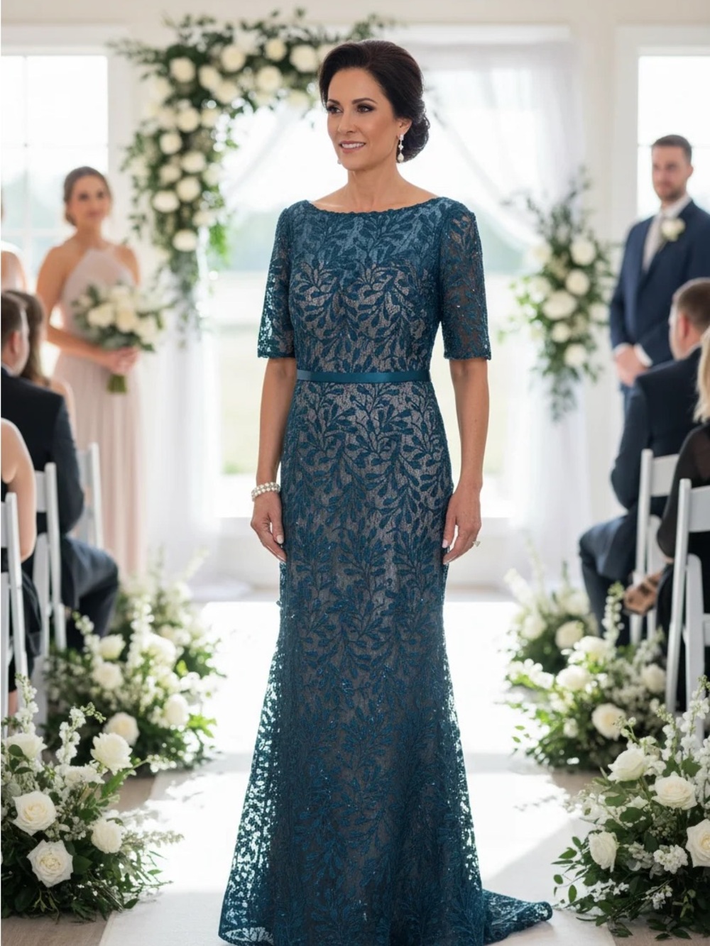 Elegant Teal Lace Evening Gown with Boat Neck
